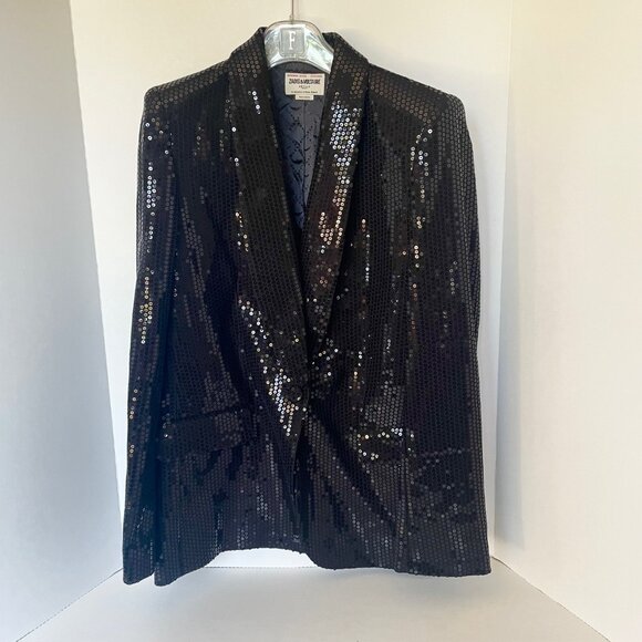 Zadig & Voltaire Vive Sequin Tuxedo Blazer Black Sparkle Jacket Womens M 38 - Picture 3 of 13